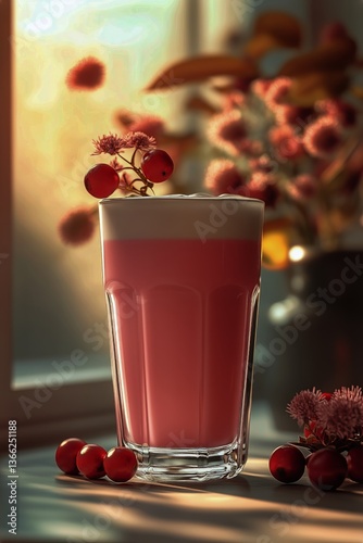 Refreshing Pink Drink Garnished With Berries in a Sunlit Setting