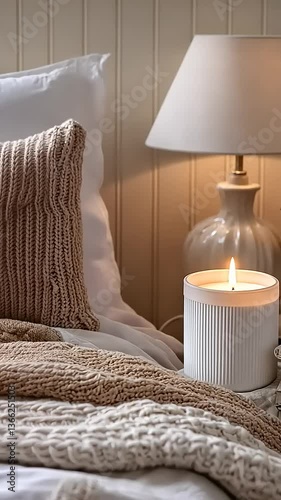 Cozy bedroom scene with candle, lamp, and decor