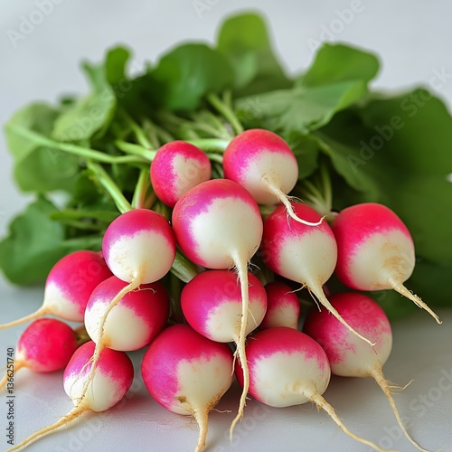 Freshly Harvested Radishes With Green Leafy Tops on a Plain Background