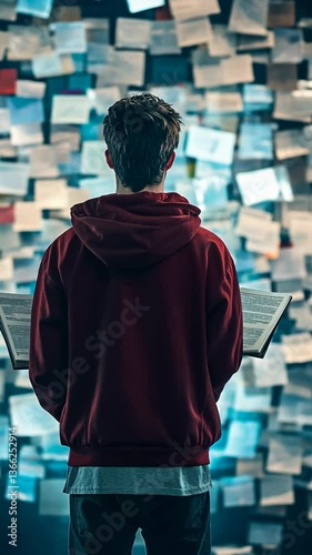 Young person studying surrounded by notes on a wall in a modern environment at twilight hours