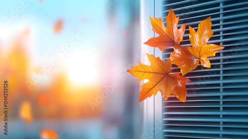 Home HVAC maintenance. Fall cleaning, repair, service. Autumn leaves covering air conditioning units