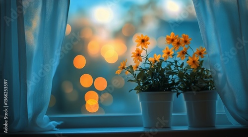 Vibrant Yellow Flowers Brighten a Cozy Window on a Peaceful Evening
