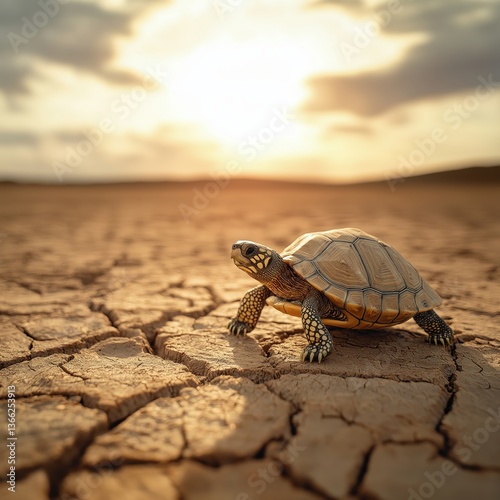 Land turtle walking across cracked dry desert ground under golden sunset sky photo