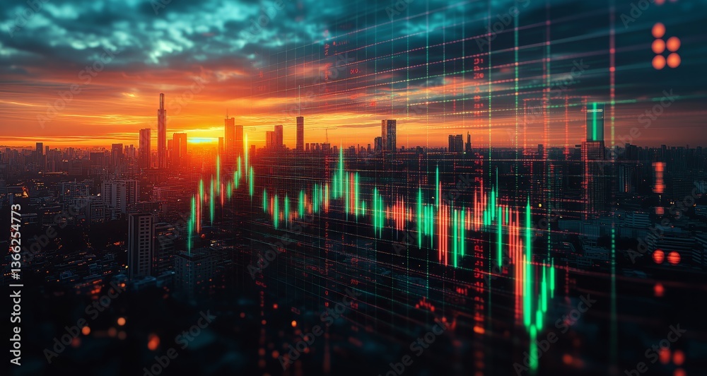Naklejka premium City Skyline at Sunset With Digital Stock Market Data Visualization in the Foreground