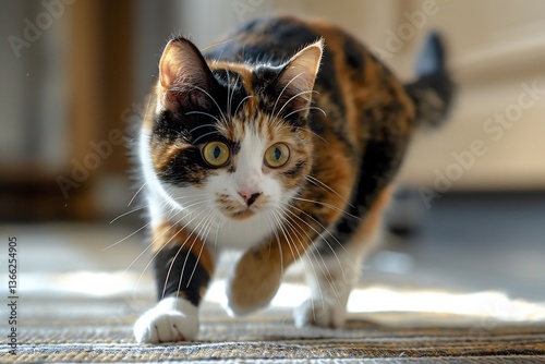 Calico cat with arched back and puffed up tail hissing at the sight of a vacuum cleaner ears pinned back eyes dilated poised to flee or defend embodying feline apprehension toward the noisy appliance