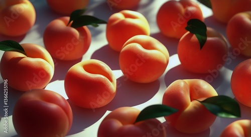Fresh Peaches Arranged With Green Leaves in Natural Light During Summer Harvest