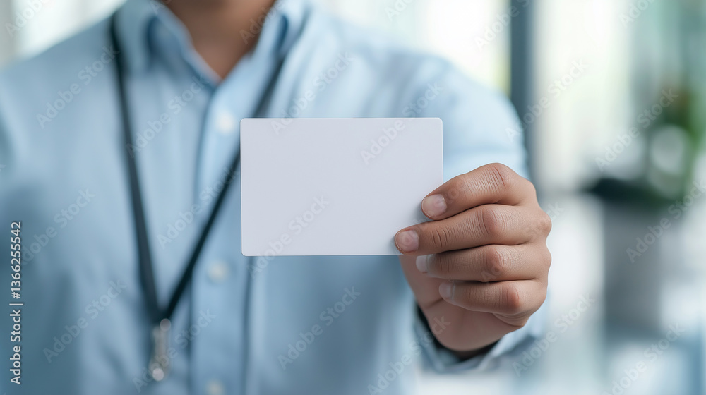 Man holding a blank business card in a professional office environment.
Man holding a blank business card in a professional office environment.