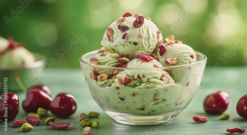 Green Mint Ice Cream Topped With Nuts and Cherries in a Glass Bowl