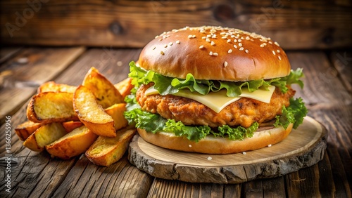 Hamburger on a wooden background