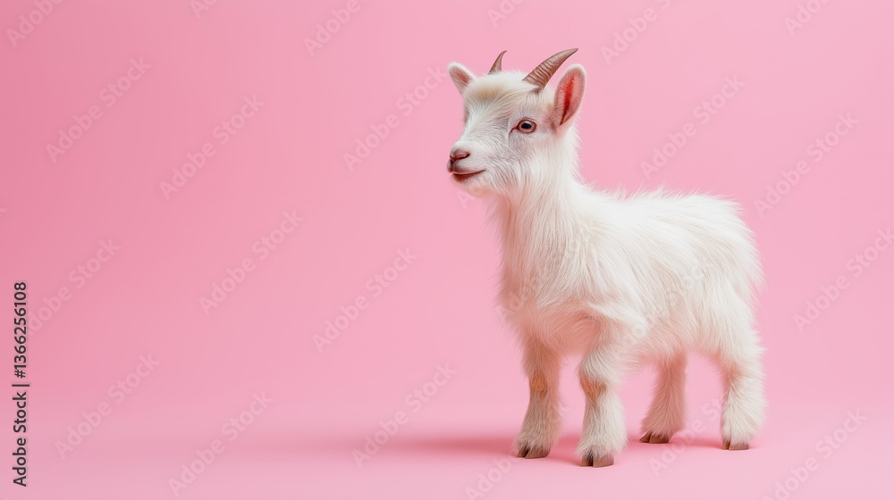 Fototapeta premium Adorable fluffy pygmy goat standing in studio with bright pink background