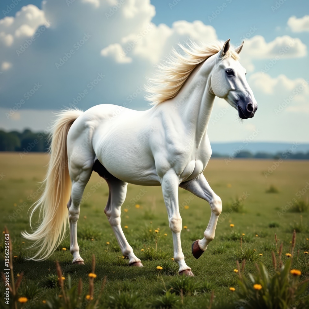 Majestic white stallion with flowing mane and tail, set against a serene natural background, magic, nature Majestic white stallion with flowing mane and tail, set against a serene natural background, magic, nature
