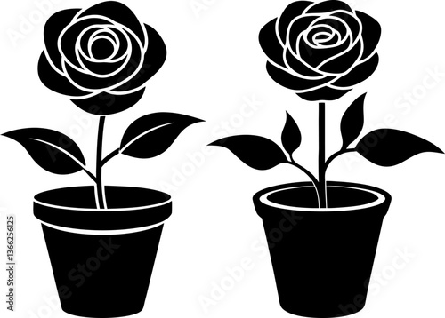 Rose plant in a pot vectors collection black and white, Vector of rose in pot set design
