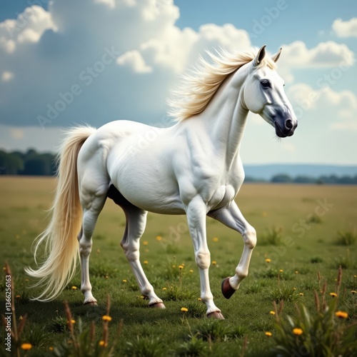 Majestic white stallion with flowing mane and tail, set against a serene natural background, magic, nature