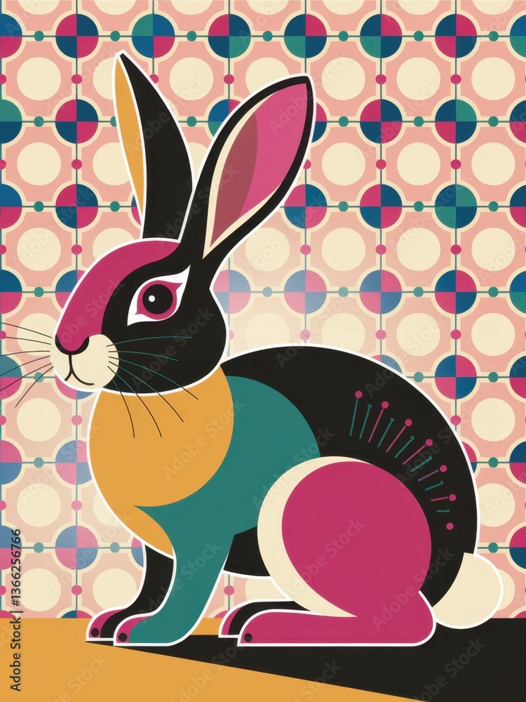 Obraz premium A stylized illustrative rabbit with bold, vibrant colors and flat design, set against a whimsical, geometric patterned background. The rabbit is simplified and modern