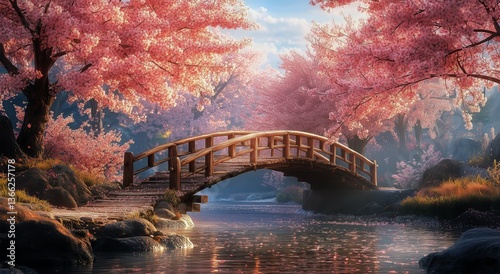 Cherry Blossoms Surround a Tranquil Bridge at Dawn in a Serene Landscape