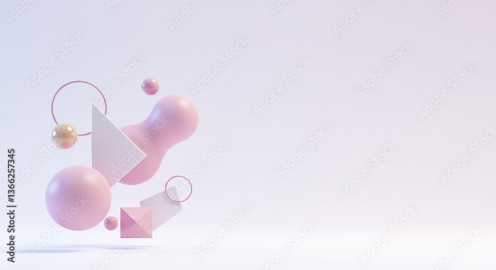 Obraz premium Pastel pink 3D arrangement an organic blob, spheres, triangles, and rings floating in a minimal geometric scene. For modern design, branding, product mockups, or artistic backgrounds.