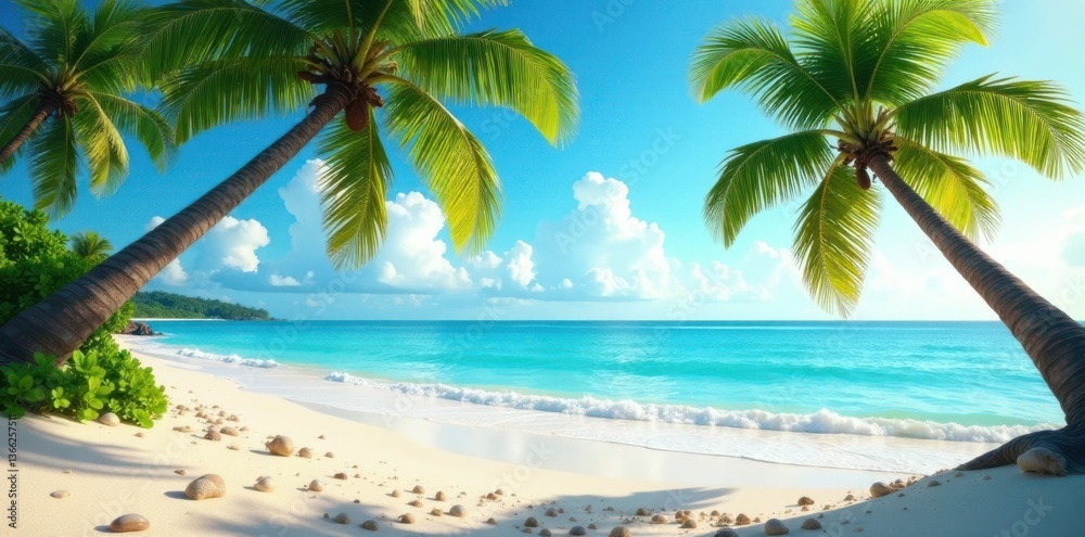 Obraz premium Palm trees sway gently in the warm breeze against a turquoise sandy beach with white waves and seashells scattered around, seashells, turquoise water