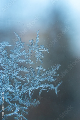 Natural frost pattern on a window. Frost patterns. Icy window in the winter.