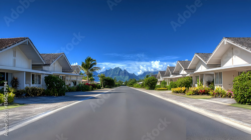 Residential Road With White Houses Leading Towards Mountain View Under Bright Blue Sky