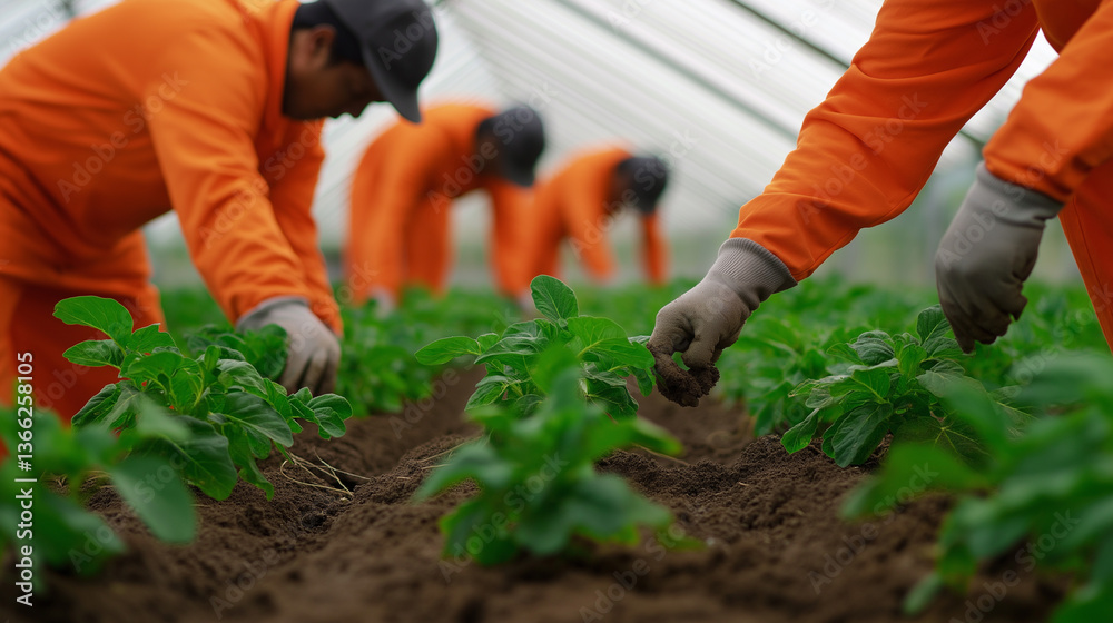 Fototapeta premium Workers wearing orange uniforms plant young seedlings in a greenhouse, carefully tending to rows of crops in fertile soil. 