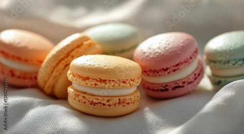 Colorful Macarons Arranged on a Soft Surface, Showcasing Delightful Pastel Hu...