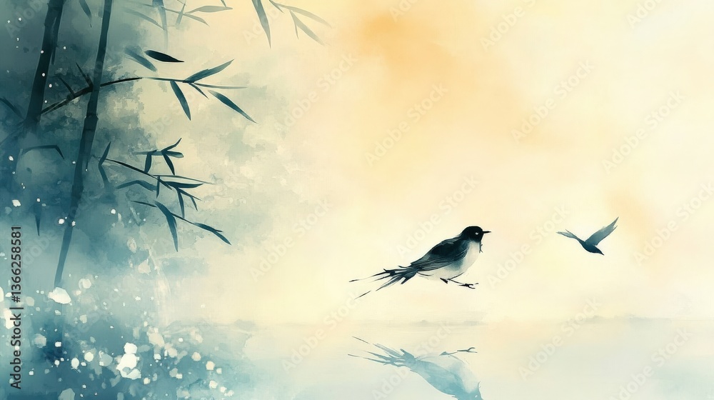 Obraz premium Peaceful Bamboo Forest Scene with Birds