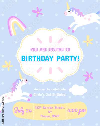 Cute unicorn kids birthday invitation in doodle style, party invitation vector template. Hand drawn trendy blue children's illustration in pastel colors.

