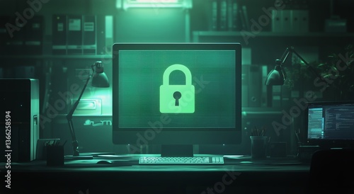 Computer Workstation With Security Lock Symbol Against Blue Abstract Backgrou...
