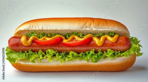 Delicious Hot Dog With Fresh Lettuce, Mustard, and Tomatoes on a Bun