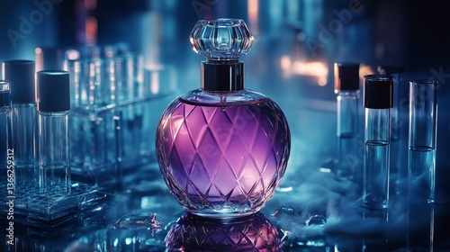 Elegant Fragrance Bottle With Purple Liquid on a Misty Surface Surrounded by ...