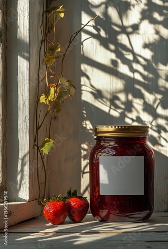 Strawberry Jam Jar and Fresh Strawberries on a Wooden Surface in Soft Natural...