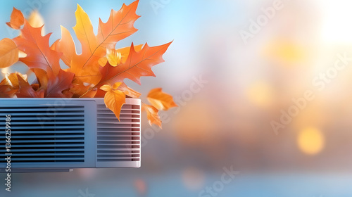 Home HVAC maintenance. Fall cleaning, repair, service. Autumn leaves covering air conditioning units