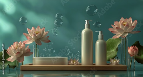 Luxurious Spa Arrangement With Skincare Products and Lotus Flowers by Calming...