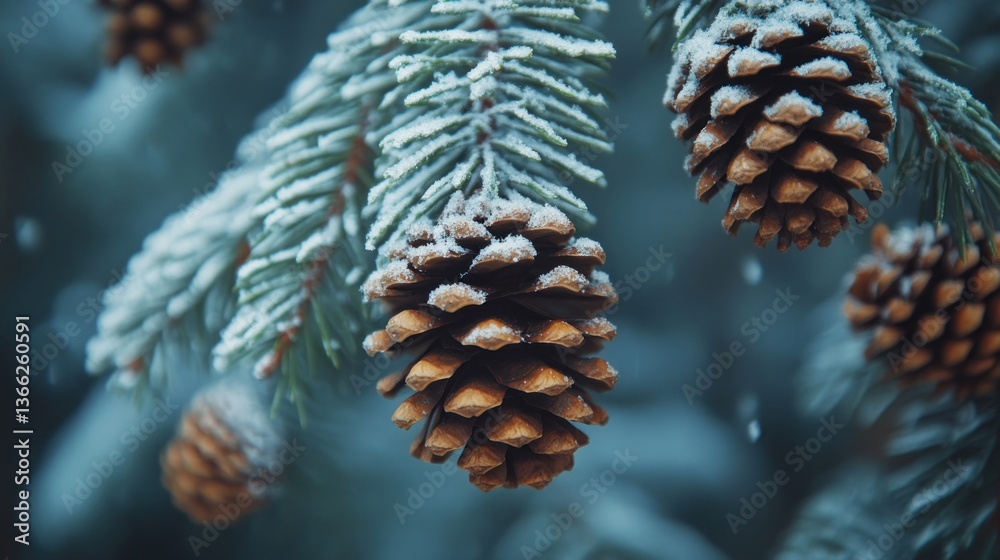 Close-up of snow-covered pine cones on a branch. Winter forest scene. Close-up of snow-covered pine cones on a branch. Winter forest scene.