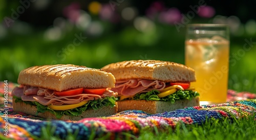 Delicious Sandwiches and Refreshing Drink on a Picnic Blanket in a Sunny Garden