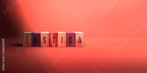 Conjunto de blocos alfabéticos com tons de madeira diferentes sobre sombra e escuridão com texto: JUSTIÇA. Blocos com letras empilháveis em fundo vermelho violento
