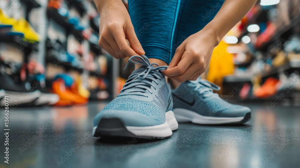 In a sporting goods store, a woman is trying on new gym shoes, carefully tying the laces as she considers the fit and comfort for her upcoming workout.