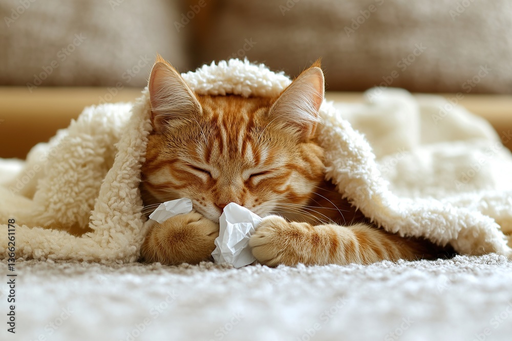 Obraz premium Cute cat with a runny nose snuggled up in a blanket,
