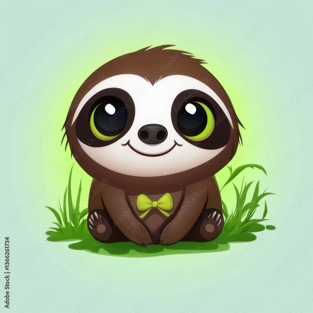 Fototapeta premium Adorable Cartoon Sloth with Yellow Bow Tie in Grass