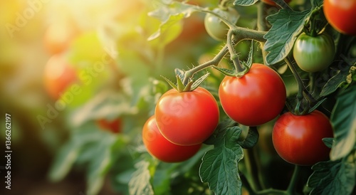 Ripe Tomatoes Hanging on Vines in a Sunlit Garden During Summer