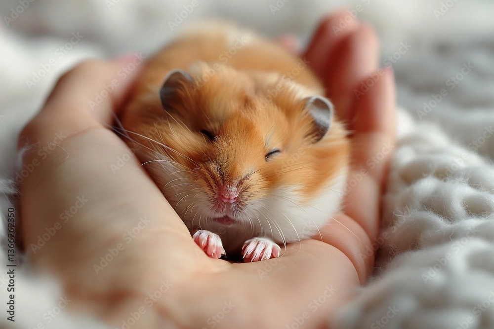 Cuddly hamster snuggled into the crook of its owner's hand tiny paws gripping their fingers gently eyes closed in trust exemplifying rodent companionship Cuddly hamster snuggled into the crook of its owner's hand tiny paws gripping their fingers gently eyes closed in trust exemplifying rodent companionship
