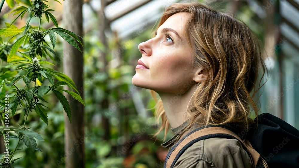Woman explores lush greenery in greenhouse while learning about sustainable plant cultivation Woman explores lush greenery in greenhouse while learning about sustainable plant cultivation