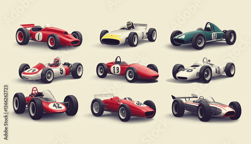 Classic Vintage Formula 1 Racing Cars Collection Red, White, Green