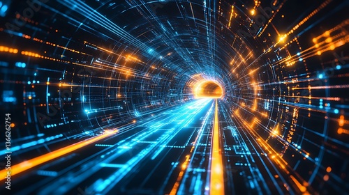 Abstract Digital Tunnel with Glowing Lines, Data Streams, and Futuristic Technology Connecting Networks in Blue and Orange.