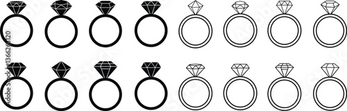 Diamond ring icon in flat line set. isolated on transparent background