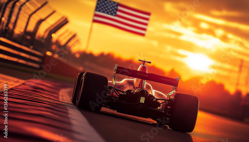 Formula 1 Race Car Sunset American Flag Victory Track