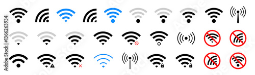 wifi signal icons. wireless network signal symbol collection. wifi signal, low signal, high signal, speed, no wifi, locked, password, hotspot, wifi zone etc icons.
