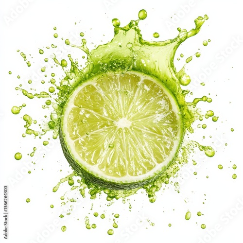 Experience the burst of freshness with a vibrant lime cut in half, surrounded by dynamic splashes of green liquid, symbolizing energy, zest, and the invigorating essence of citrus.
