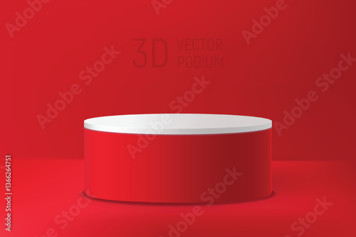 Red podium 3d with white top. Realistic 3d stage for show product on red background. Studio showcase podium mockup with fashion cyclorama. Abstract red room with realistic pedestal scene.
