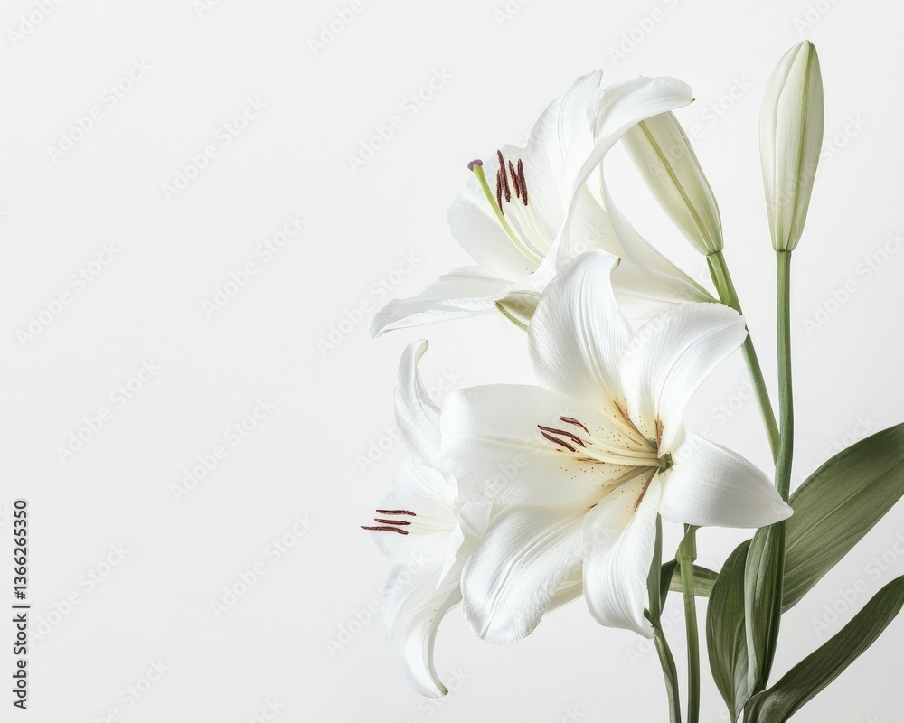 Naklejka premium Elegant White Lily Blooming with Green Leaves on Simple Background